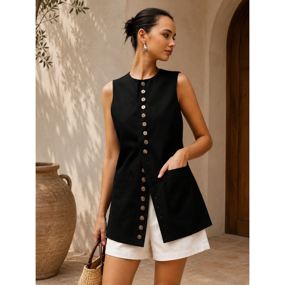 Commense Cotton Linen Black Button Front Long Vest Sleeveless Top Size S